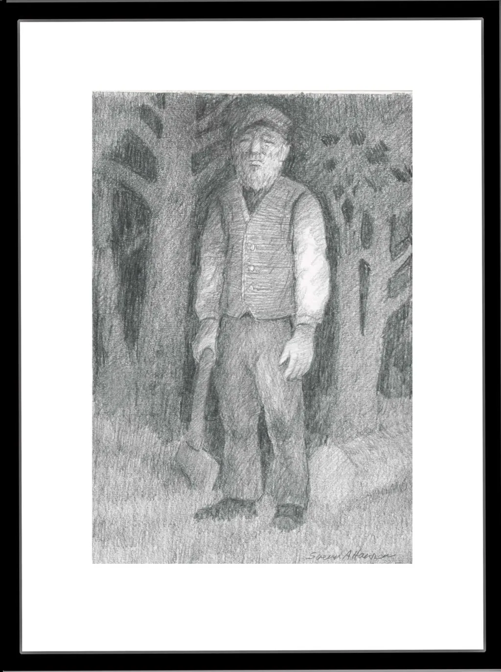 En gammel mann med en øks står i skogen