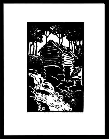 et gammelt kvernhus og en stri elv renner ved siden a