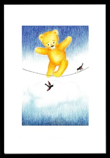 En leke-bamse som danser på en line mens en fugl hakker i stykker tauet.