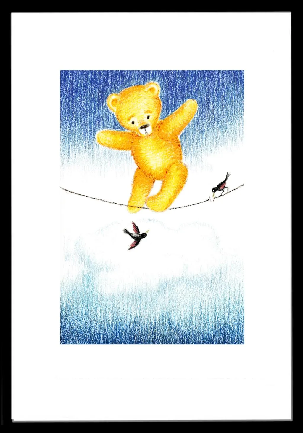 En leke-bamse som danser på en line mens en fugl hakker i stykker tauet.