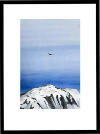 et fjell delvis med snø og over svever en ørn