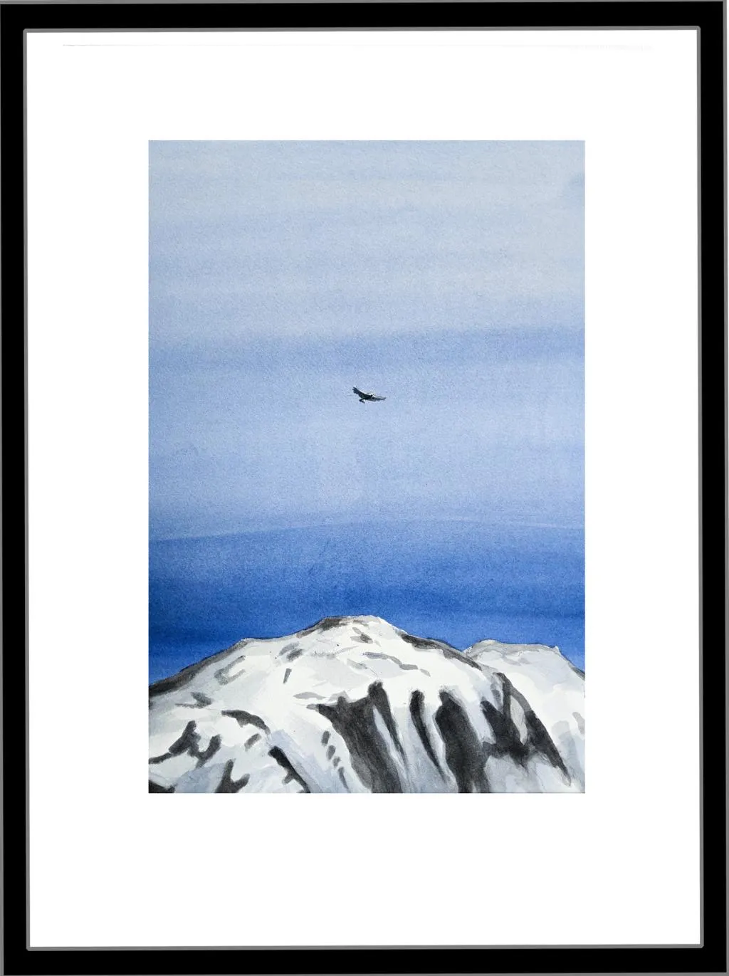 et fjell delvis med snø og over svever en ørn