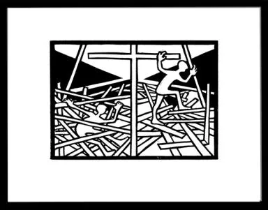 to figurer leter seg gjennom en haug med stokker og ser ikke korset