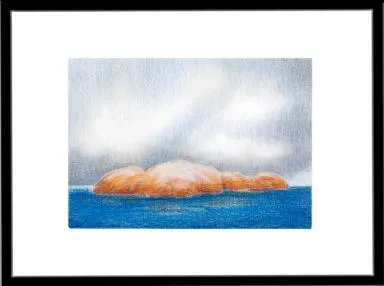 fargeblyantbilde fra skjærgården i kveldsol