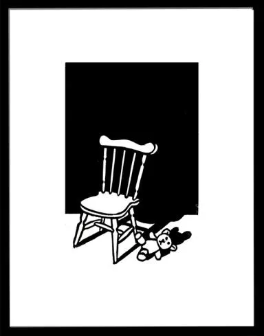 en bamse har falt av stolen og ligger på gulvet