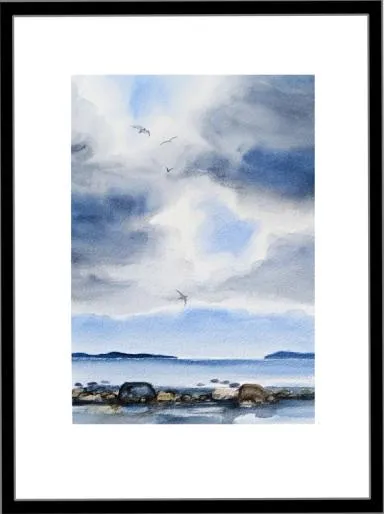 I luften over sjøen seiler måker med elegante vingeslag