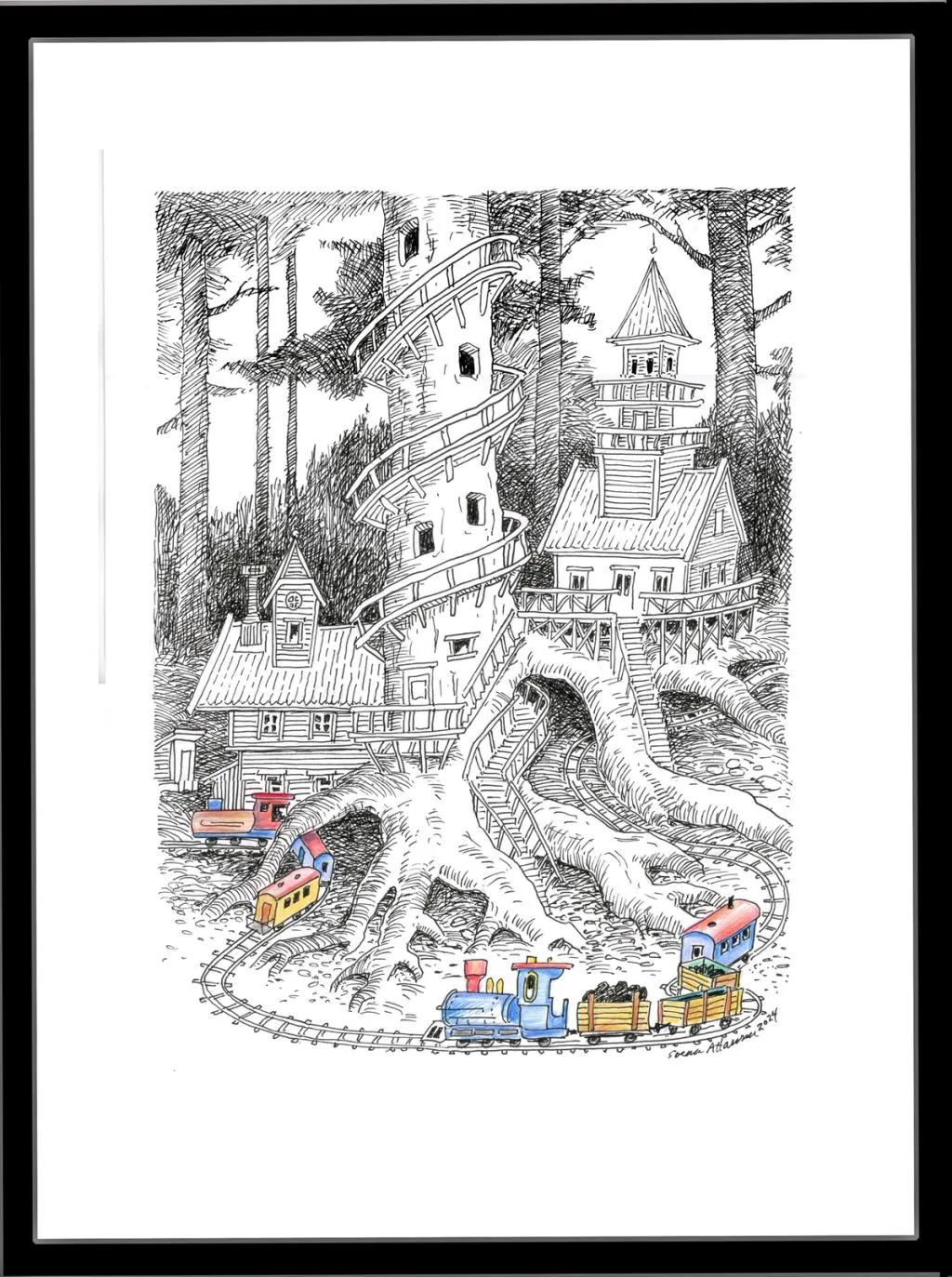 Liten lekemodell av et tog som kjører rundt en trerot